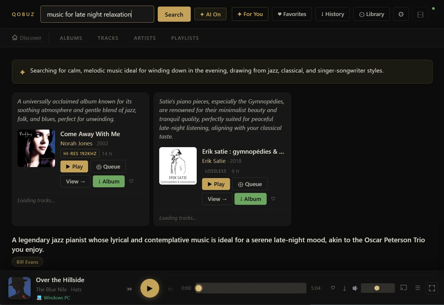 Natural language AI search — type a mood or description and Gemini surfaces matching albums from Qobuz's catalog