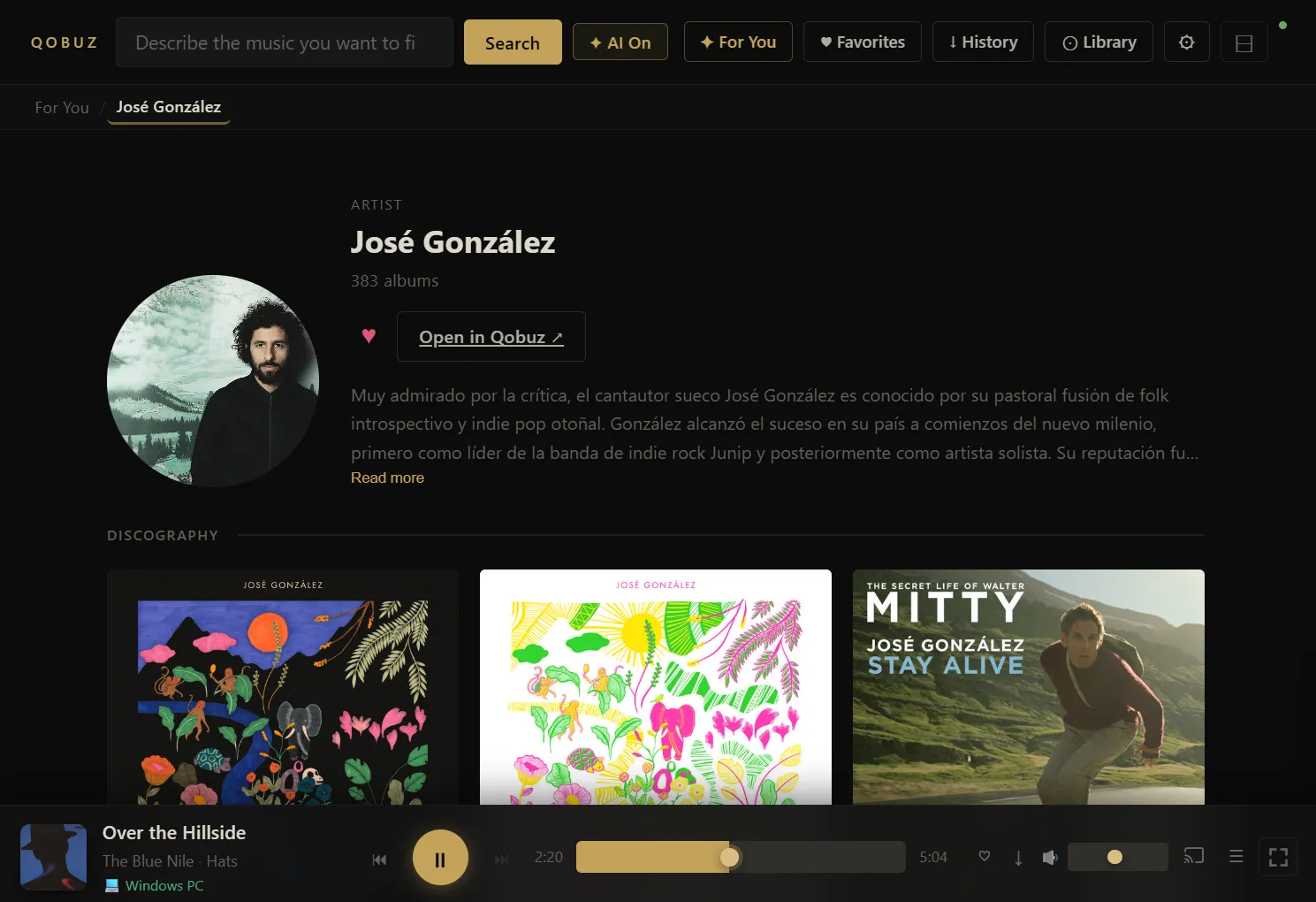The main UI — dark theme, gold accents, artist and album browsing all in one view