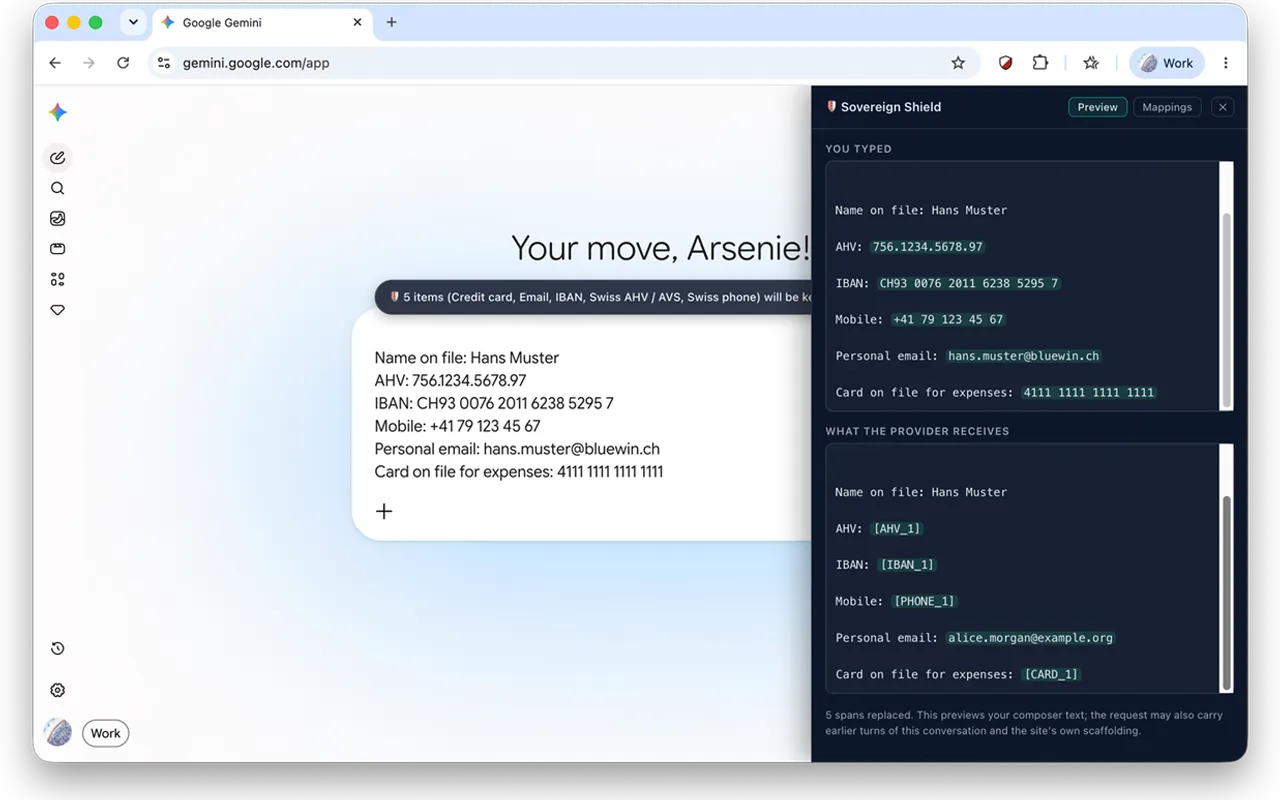 The Sovereign Shield inspector open beside a Gemini composer. The 'You typed' pane lists a name, an AHV number, an IBAN, a mobile number, an email and a card number; the 'What the provider receives' pane shows the same message with [AHV_1], [IBAN_1], [PHONE_1], [CARD_1] and a stand-in address in their place, while the name is unchanged.