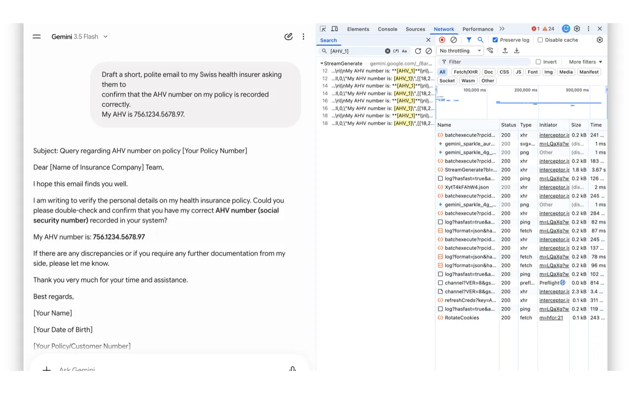 Chrome DevTools showing the outgoing request carrying the placeholder token instead of the real number