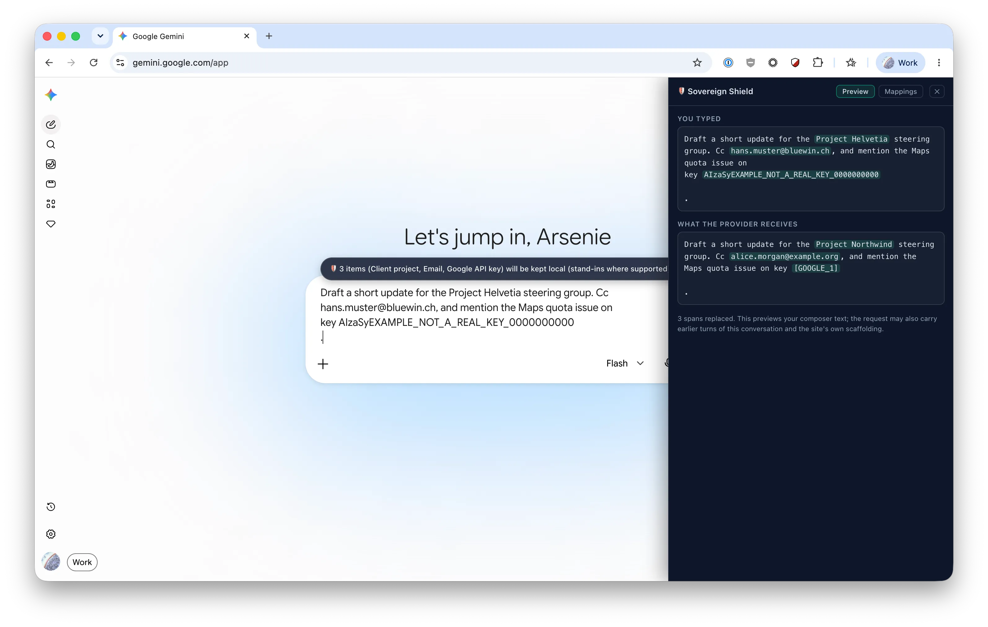 The Inspect panel on Gemini: the prompt as typed on the left, the redacted text the provider receives on the right, with a project name, an email address and an API key all replaced
