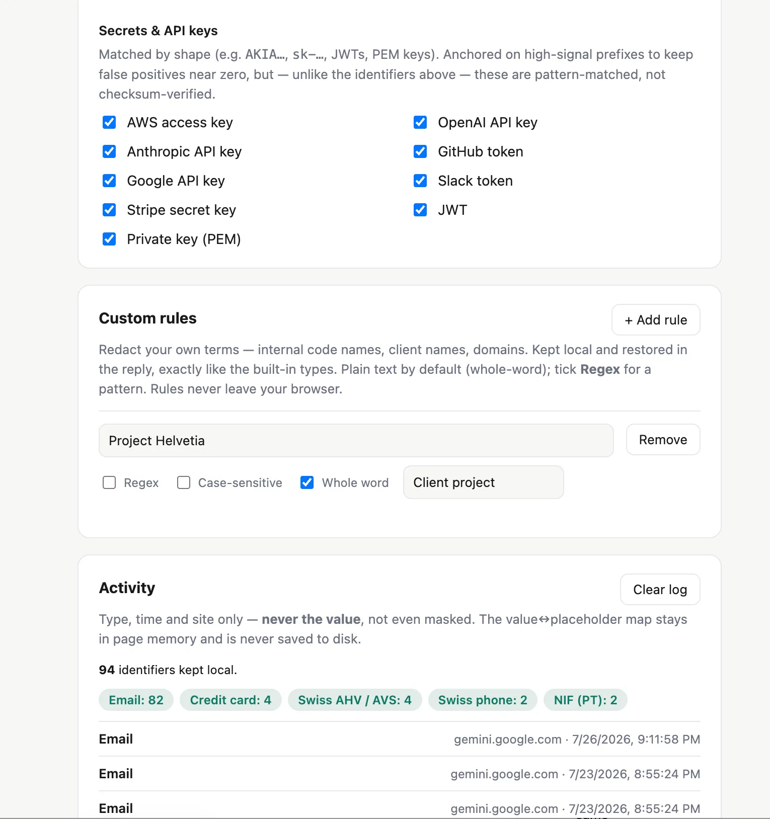 The extension's options page showing the nine secret types enabled, a custom rule for a client project name, and the activity log recording type, time and site but never the value