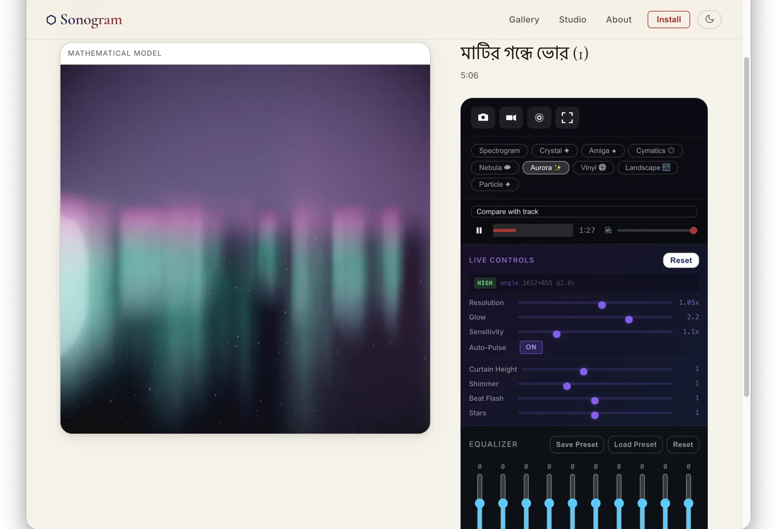 The Aurora visualizer — curtains of pink and green light brightening on the beat
